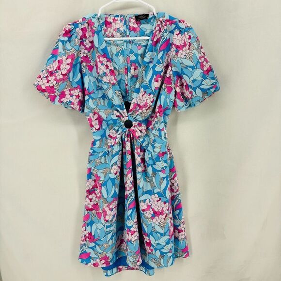 Milk & Honey Women’s Medium Pink & Blue Floral Mini Dress open Back v-neck - Picture 1 of 9